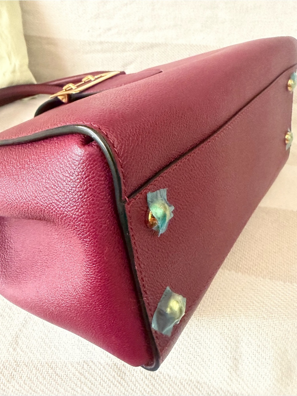 Burberry Burgundy Leather Top-Handle Satchel with Check Strap - Picture 9 of 12